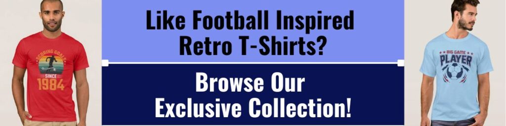 Two men wearing retro football inspired t shirts with text in between them